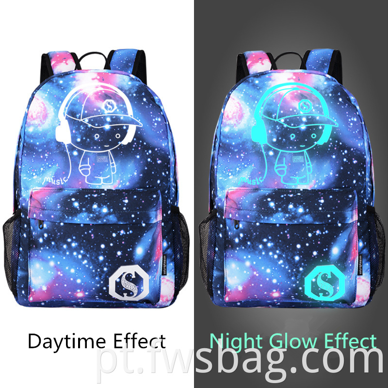 Hot Unisex Fashion Galaxy Anime Luminous Backpack Backpack da Escola Daypack ao ar livre com porta USB Charing